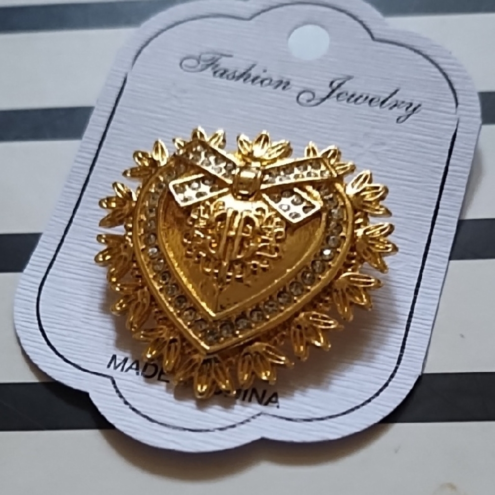Gold Heart Brooch with Bow Accent